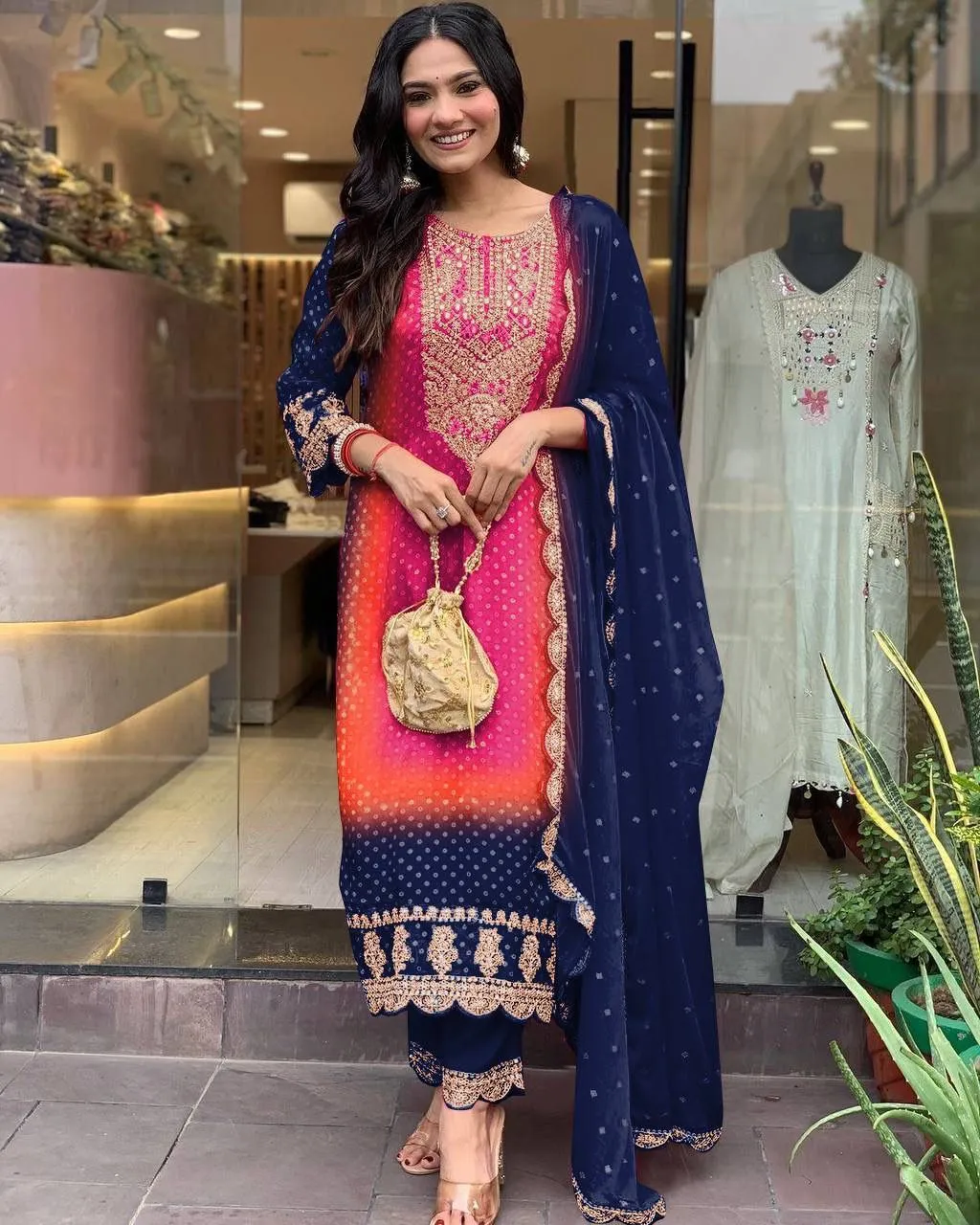 Charming Blue Colored Pure Chinon Heavy Embroidery And Sequins Work Palazzo Suits For Women