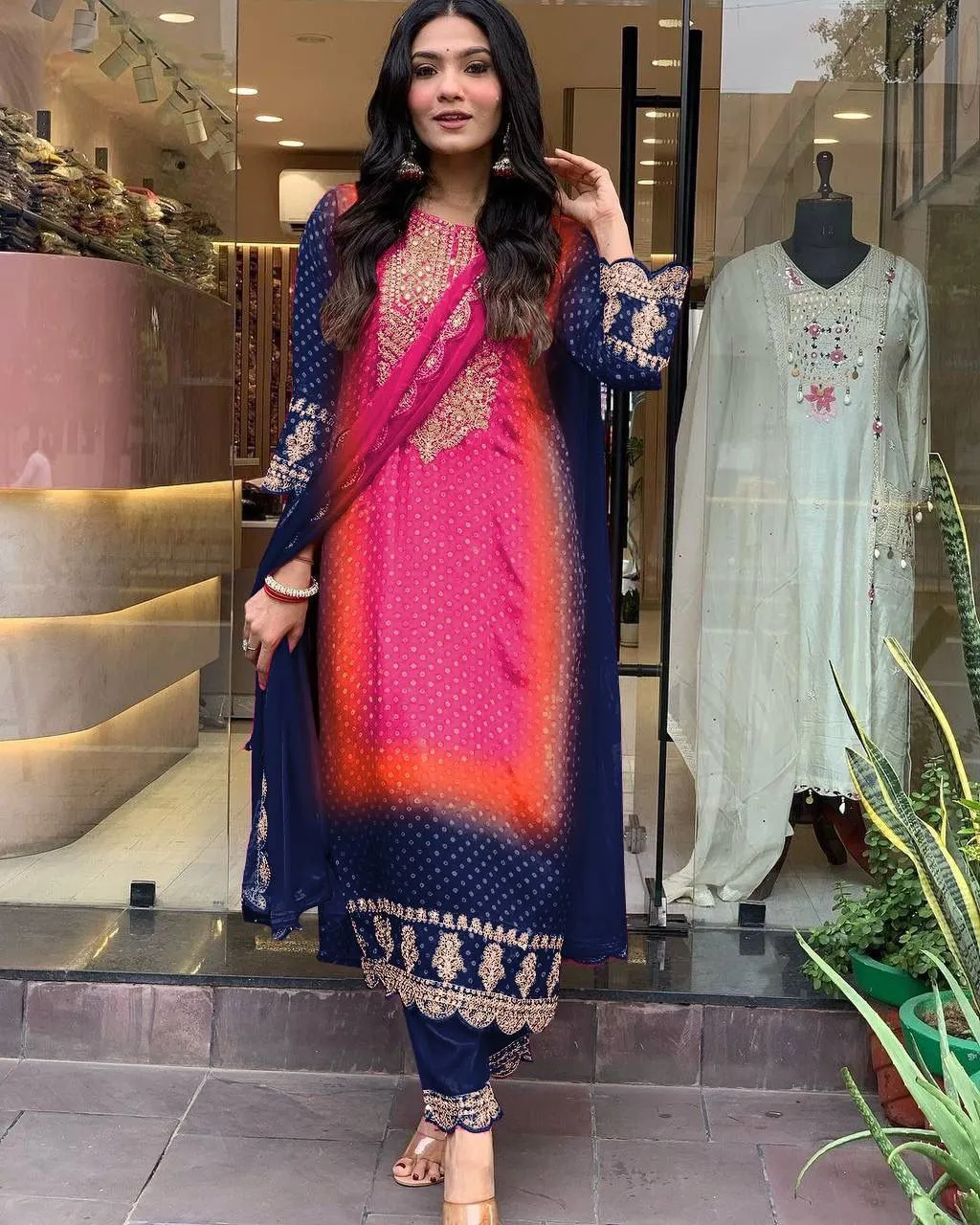Charming Blue Colored Pure Chinon Heavy Embroidery And Sequins Work Palazzo Suits For Women
