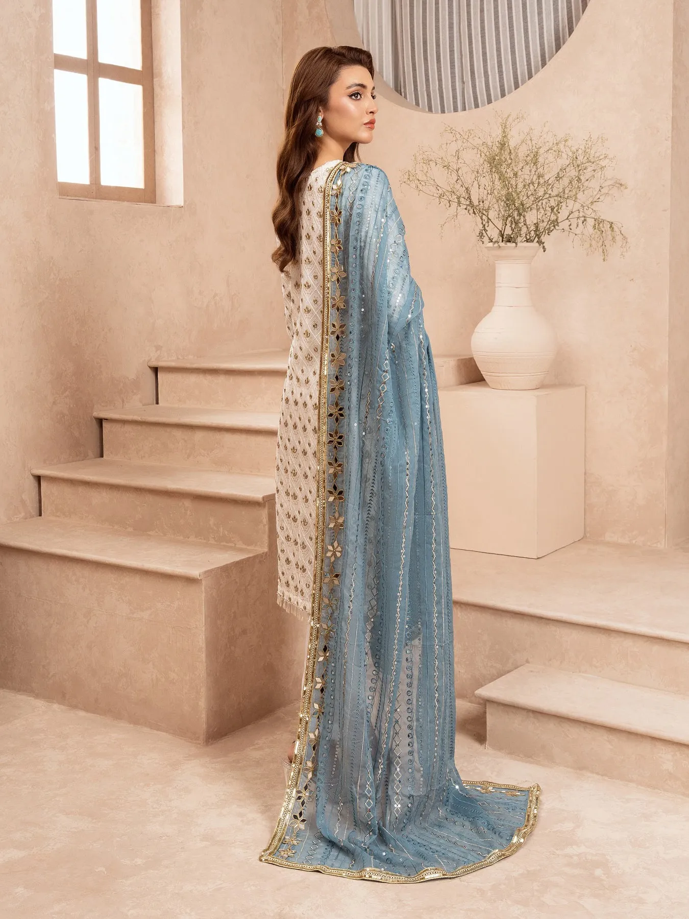Chiffon Embroidered & Embellished 3-Piece Suit - Turquoise