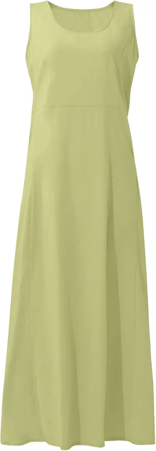 Cotton Linen Dresses for Women,Maxi Sleeveless Dresses Summer Casual Print Cotton Linen Sundress with Pockets (S-3XL)