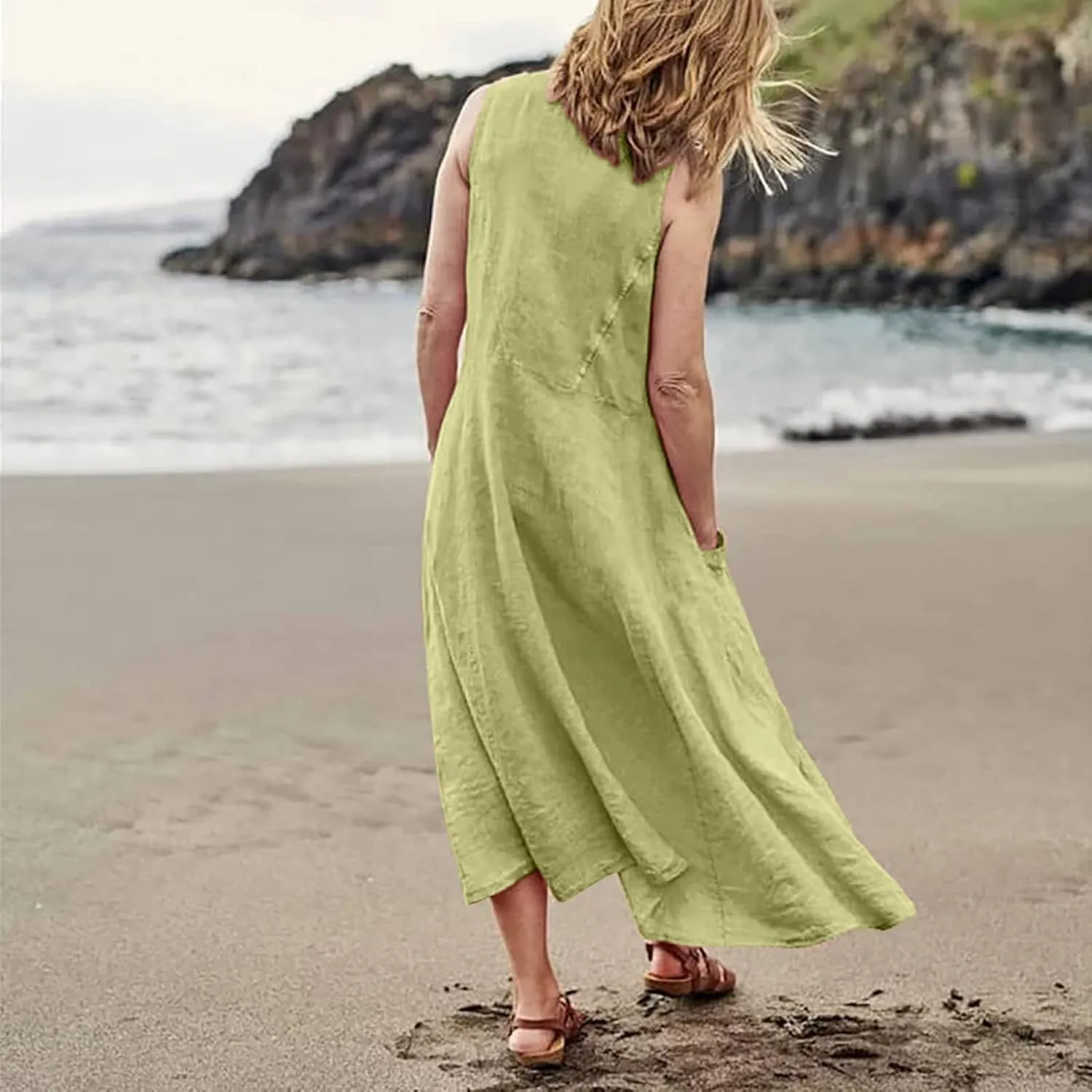 Cotton Linen Dresses for Women,Maxi Sleeveless Dresses Summer Casual Print Cotton Linen Sundress with Pockets (S-3XL)