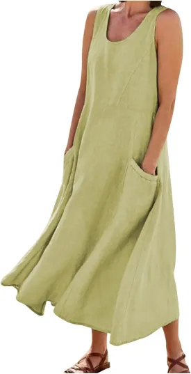 Cotton Linen Dresses for Women,Maxi Sleeveless Dresses Summer Casual Print Cotton Linen Sundress with Pockets (S-3XL)