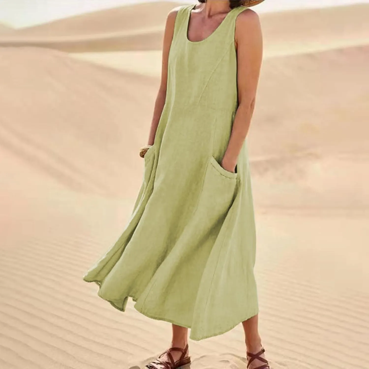 Cotton Linen Dresses for Women,Maxi Sleeveless Dresses Summer Casual Print Cotton Linen Sundress with Pockets (S-3XL)