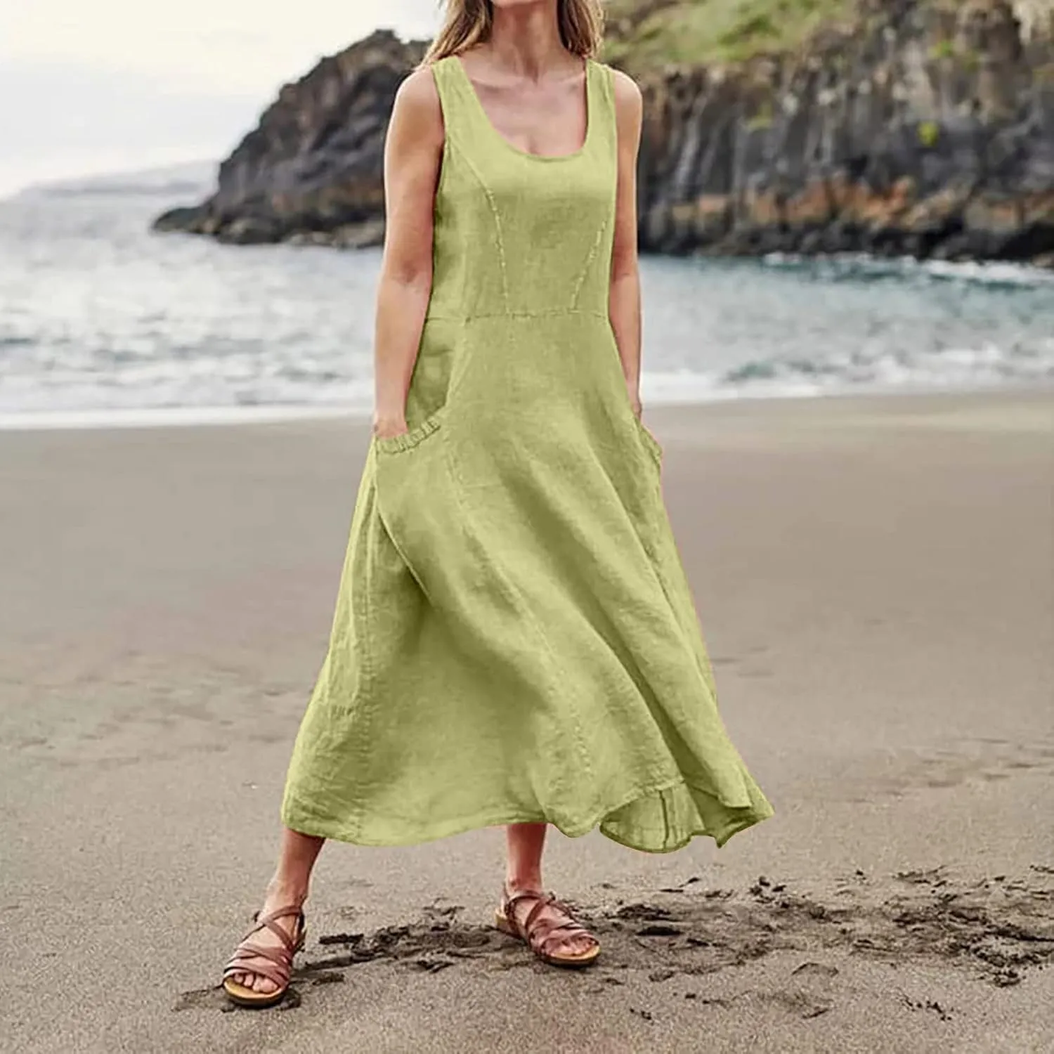 Cotton Linen Dresses for Women,Maxi Sleeveless Dresses Summer Casual Print Cotton Linen Sundress with Pockets (S-3XL)