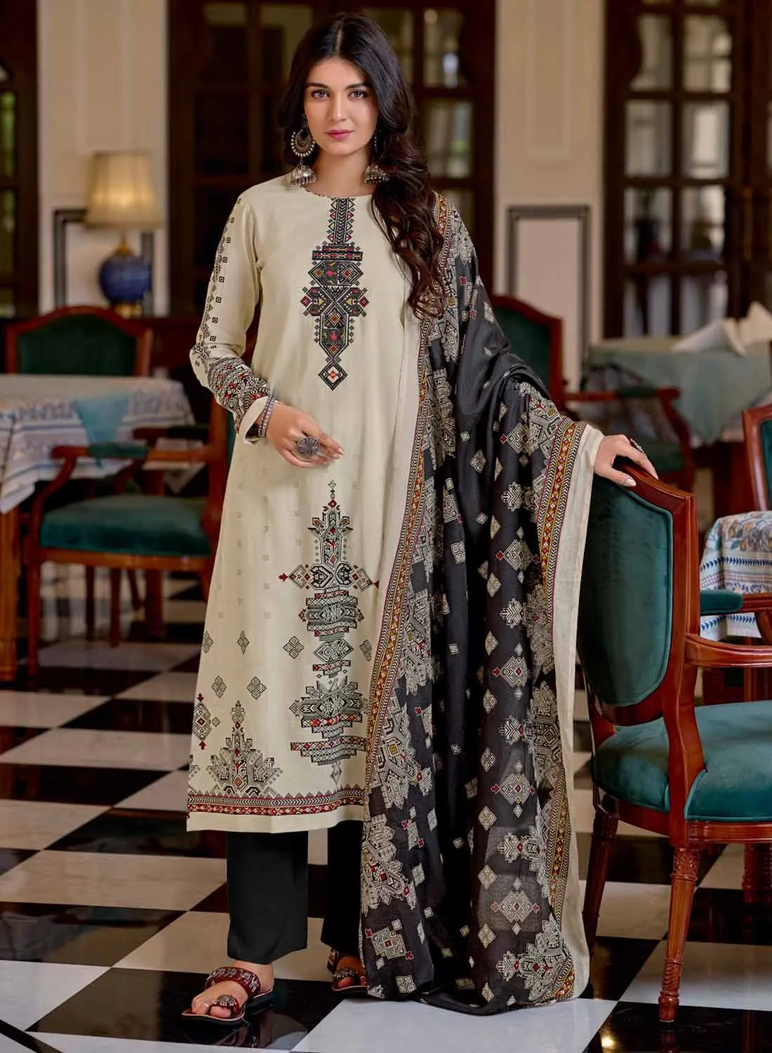 Cream Unstitched Cambric Cotton Suit Dress Material with Embroidery