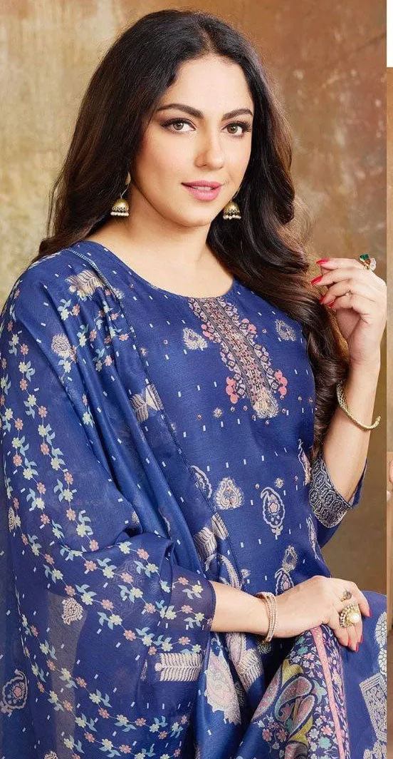 Dazzling Blue Colored Heavy Organza Salwar Suits With Fancy Banarasi Dupatta