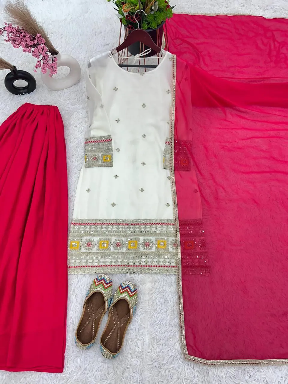 Dazzling White Georgette Embroidery Sequence Work Top-Bottom And Dupatta Set