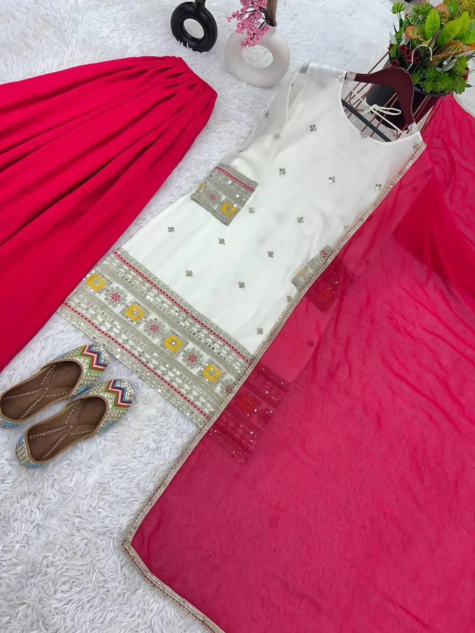 Dazzling White Georgette Embroidery Sequence Work Top-Bottom And Dupatta Set