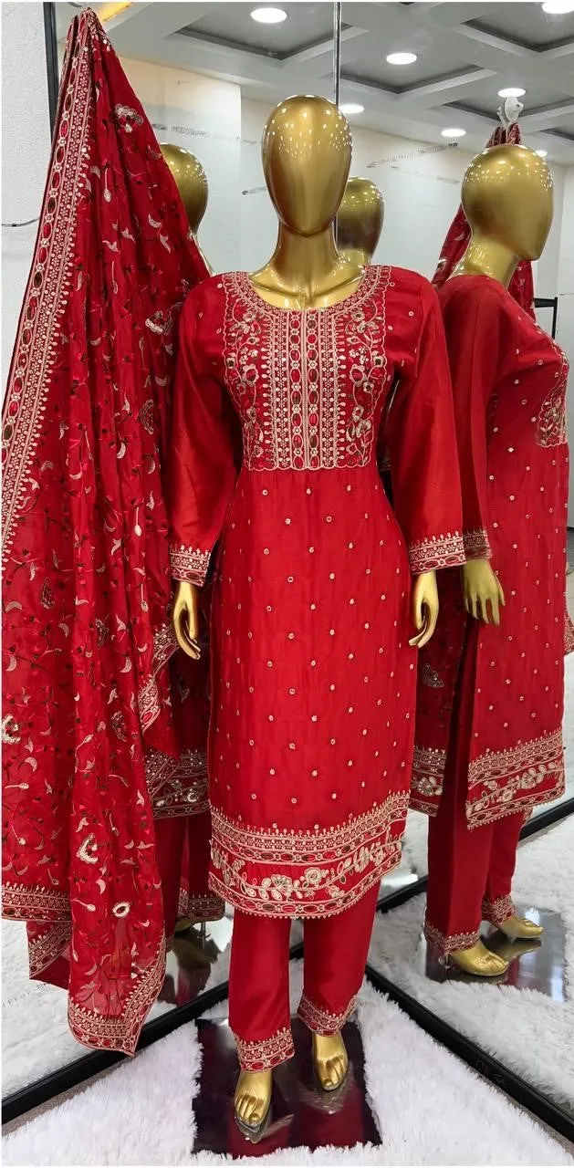 Delightful Red Colored Pure Chinon Silk Embroidery Coding Dori Sequins Work Salwar Suits