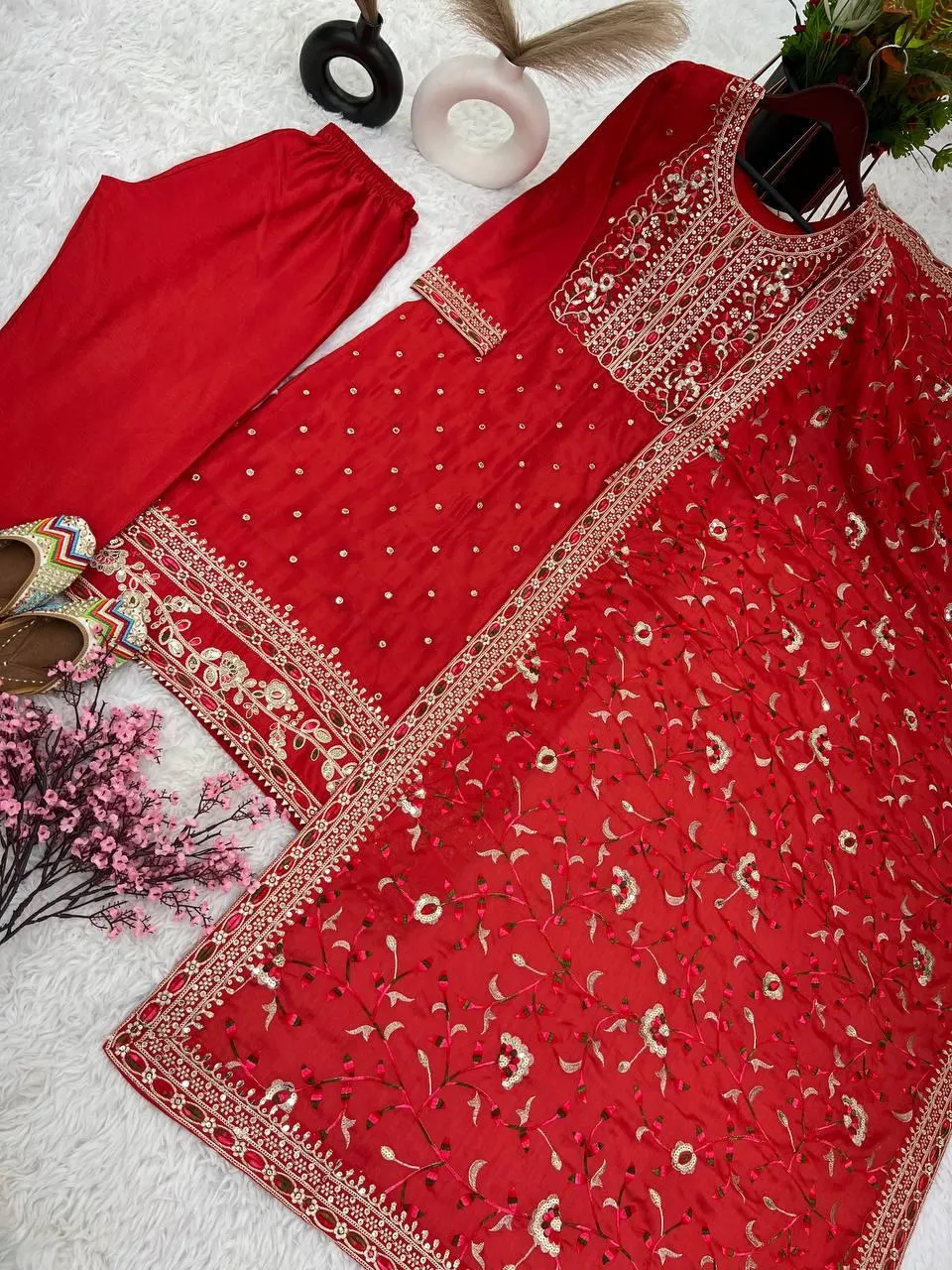 Delightful Red Colored Pure Chinon Silk Embroidery Coding Dori Sequins Work Salwar Suits