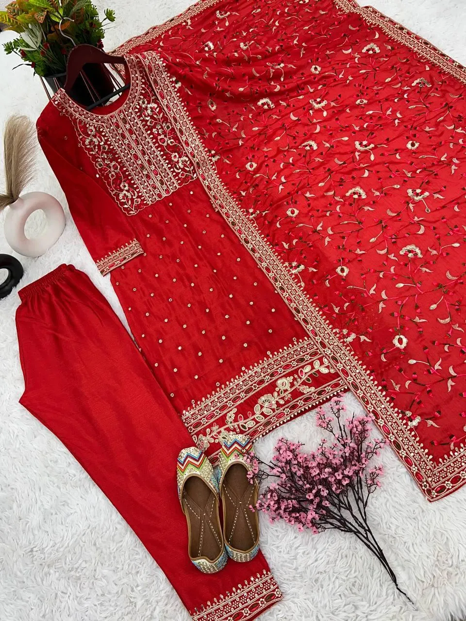 Delightful Red Colored Pure Chinon Silk Embroidery Coding Dori Sequins Work Salwar Suits