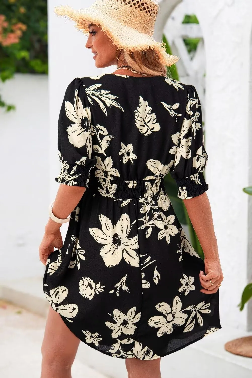 Dokotoo Summer Dresses for Women 2025 Sexy Wrap V Neck Short Puff Sleeve Elegant Floral Smocked Waist Flowy Mini Dress