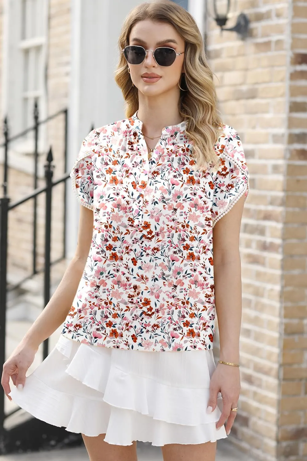 Dokotoo Womens Tops Summer Casual Boho Floral Print Short Sleeve Half Button Down V Neck Chiffon Blouses Shirts