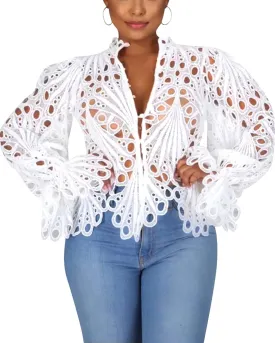 Doweha Womens Sexy Ruffle Long Sleeve Summer Lace Tops 2025 Puff Flare Shirt V Neck Hollow Out Button Down Tunic Blouses