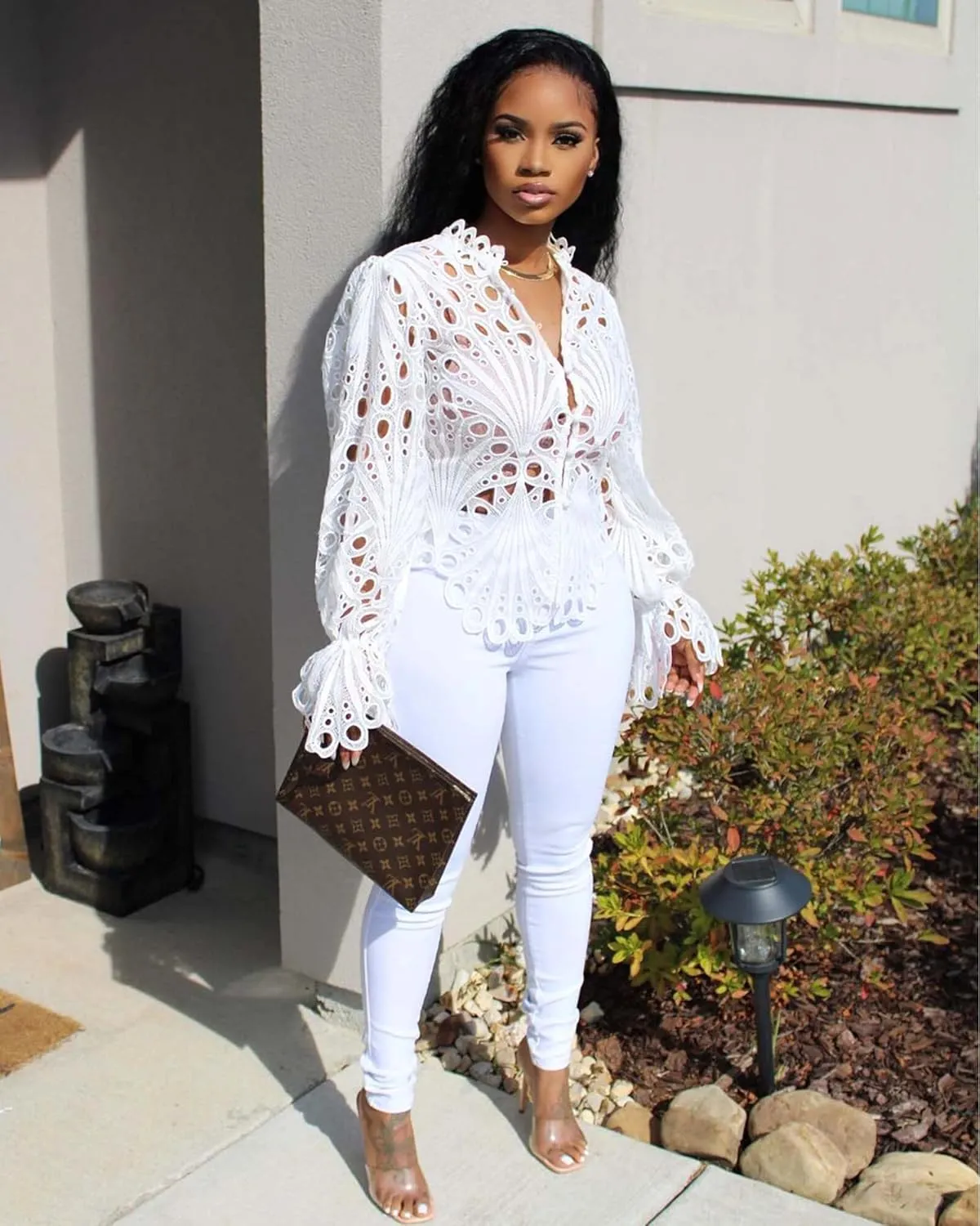 Doweha Womens Sexy Ruffle Long Sleeve Summer Lace Tops 2025 Puff Flare Shirt V Neck Hollow Out Button Down Tunic Blouses