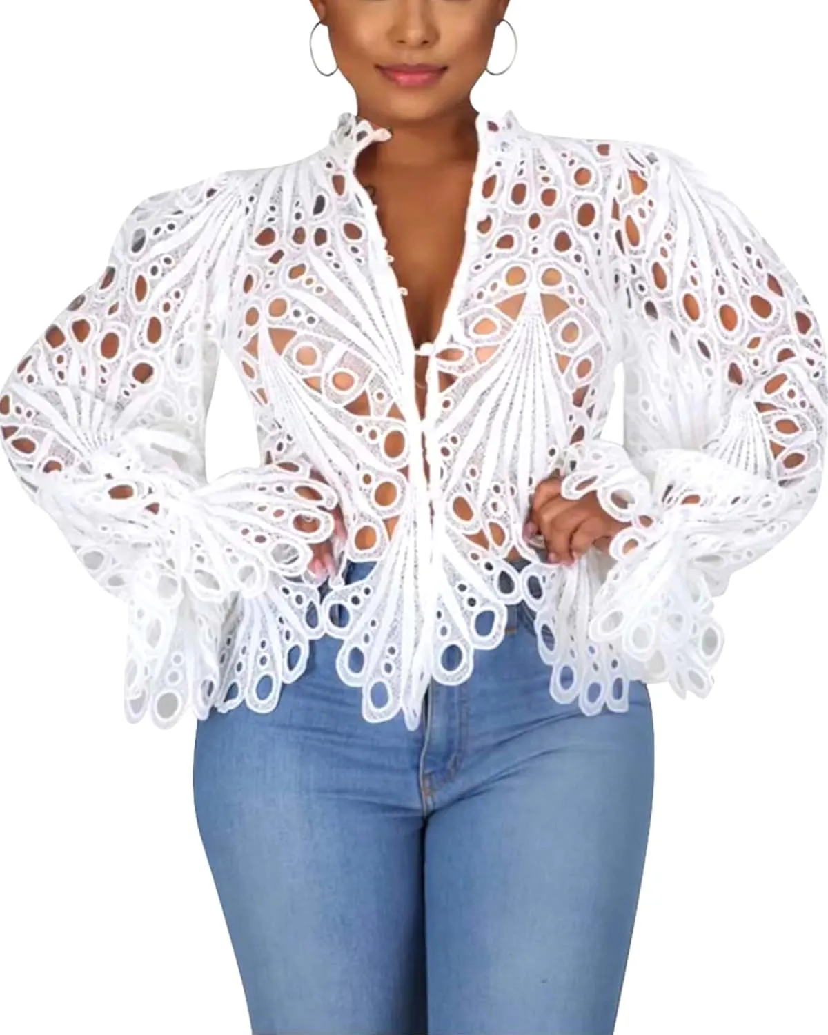 Doweha Womens Sexy Ruffle Long Sleeve Summer Lace Tops 2025 Puff Flare Shirt V Neck Hollow Out Button Down Tunic Blouses