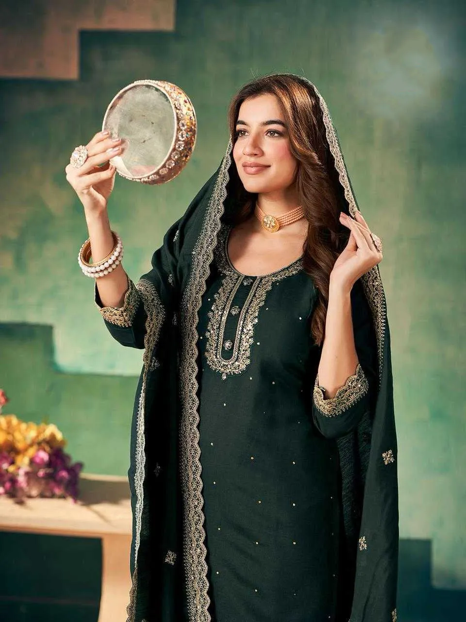 Elegant Green Color Coding Sequins Work Roman Silk Salwar Suits With Dupatta