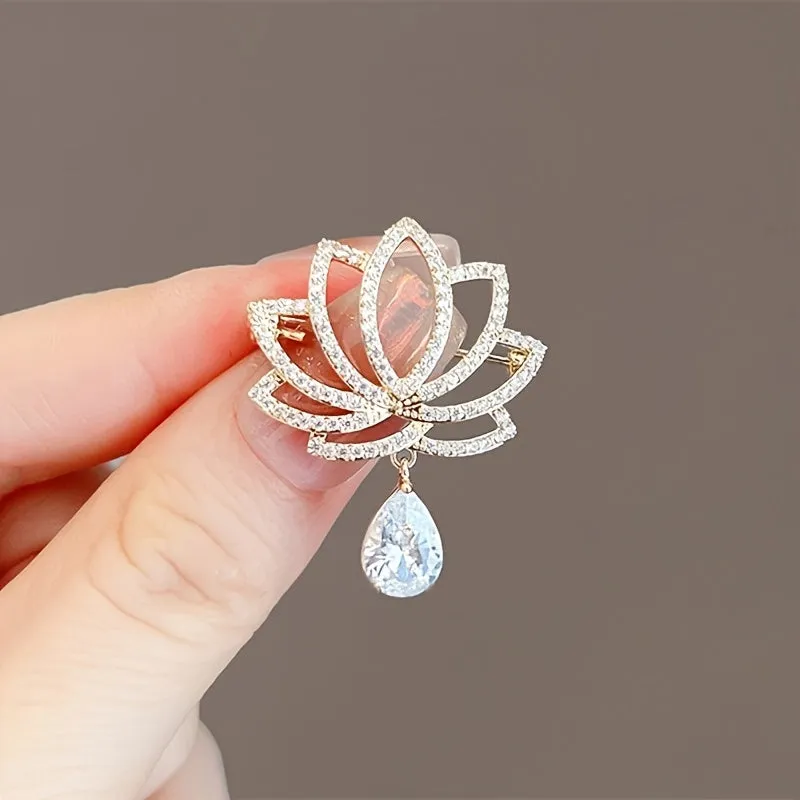 Elegant Lotus Rhinestone Brooch for Womens Clothing Accessories