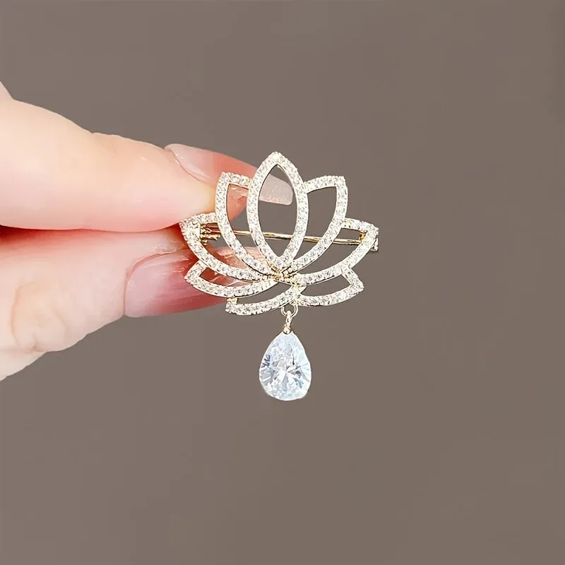 Elegant Lotus Rhinestone Brooch for Womens Clothing Accessories