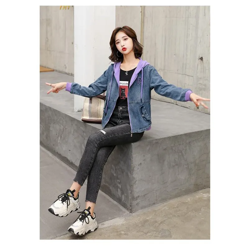 Embroidery Color Blocking Denim Hooded Jacket