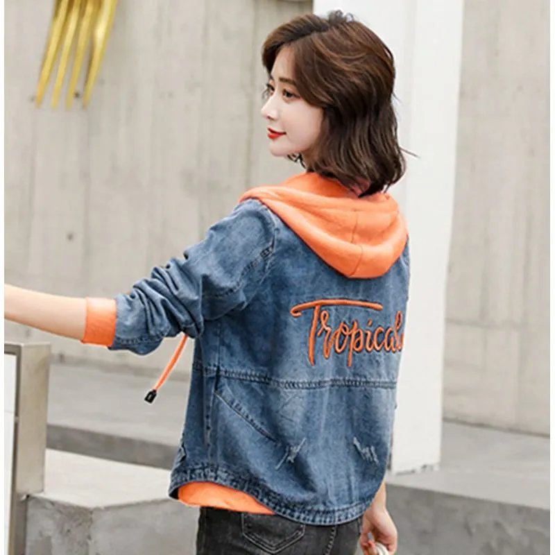 Embroidery Color Blocking Denim Hooded Jacket