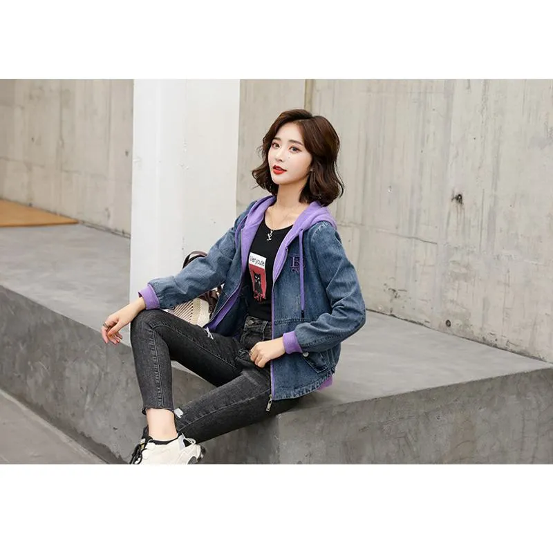 Embroidery Color Blocking Denim Hooded Jacket