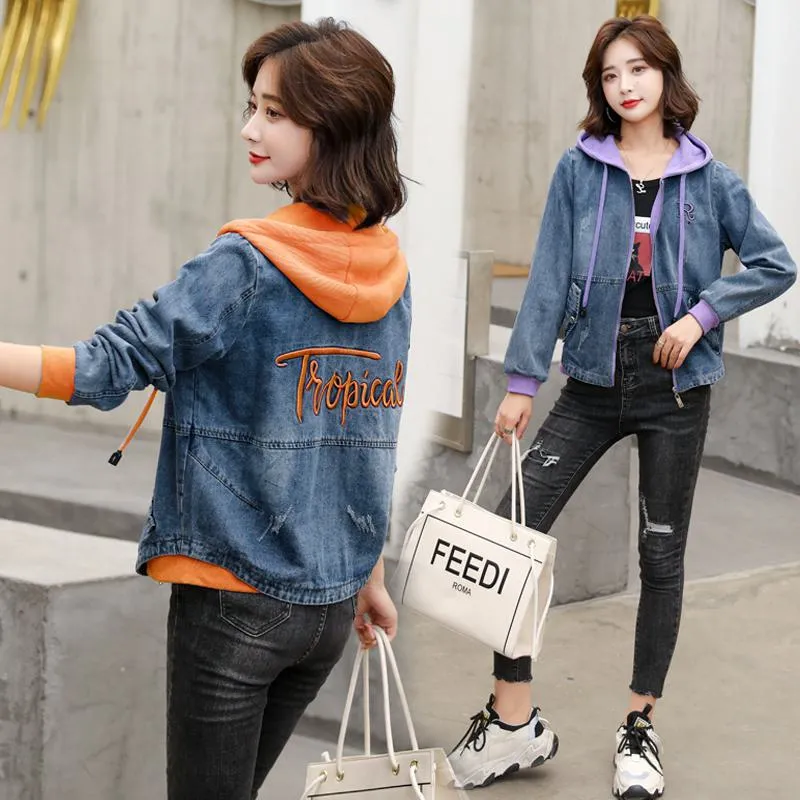 Embroidery Color Blocking Denim Hooded Jacket
