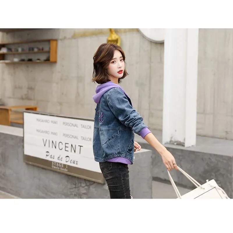 Embroidery Color Blocking Denim Hooded Jacket