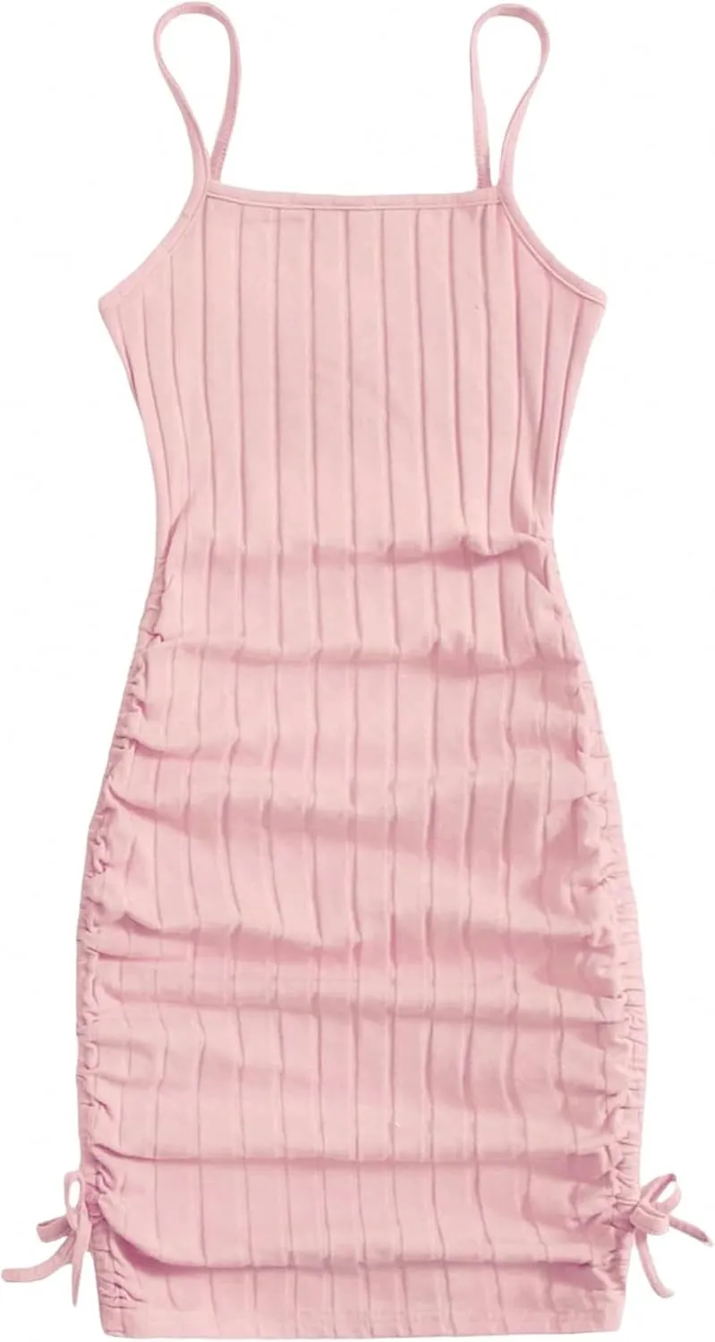 EXARUS Girls Bodycon Tight Spaghetti Strap Mini Short Dress Ribbed Knit Summer Sleeveless Ruched Pencil Dresses 8-14Y