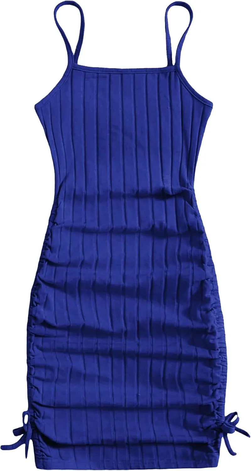 EXARUS Girls Bodycon Tight Spaghetti Strap Mini Short Dress Ribbed Knit Summer Sleeveless Ruched Pencil Dresses 8-14Y
