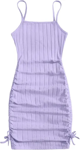 EXARUS Girls Bodycon Tight Spaghetti Strap Mini Short Dress Ribbed Knit Summer Sleeveless Ruched Pencil Dresses 8-14Y