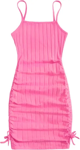 EXARUS Girls Bodycon Tight Spaghetti Strap Mini Short Dress Ribbed Knit Summer Sleeveless Ruched Pencil Dresses 8-14Y