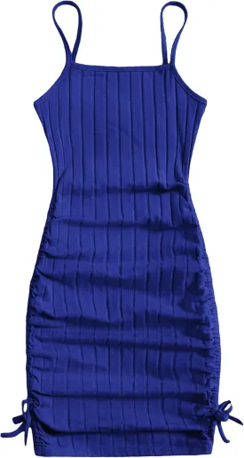 EXARUS Girls Bodycon Tight Spaghetti Strap Mini Short Dress Ribbed Knit Summer Sleeveless Ruched Pencil Dresses 8-14Y