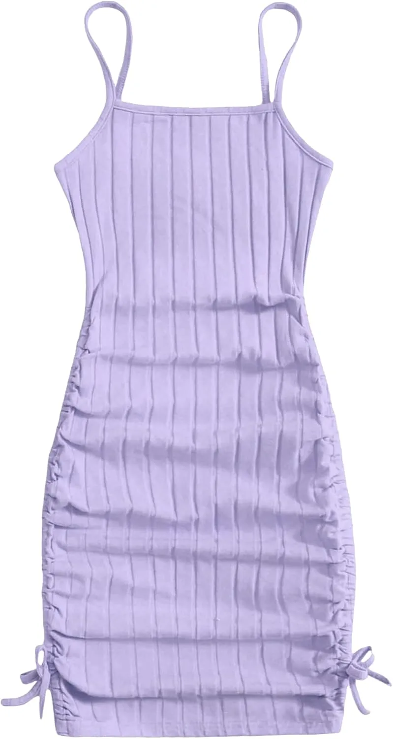 EXARUS Girls Bodycon Tight Spaghetti Strap Mini Short Dress Ribbed Knit Summer Sleeveless Ruched Pencil Dresses 8-14Y