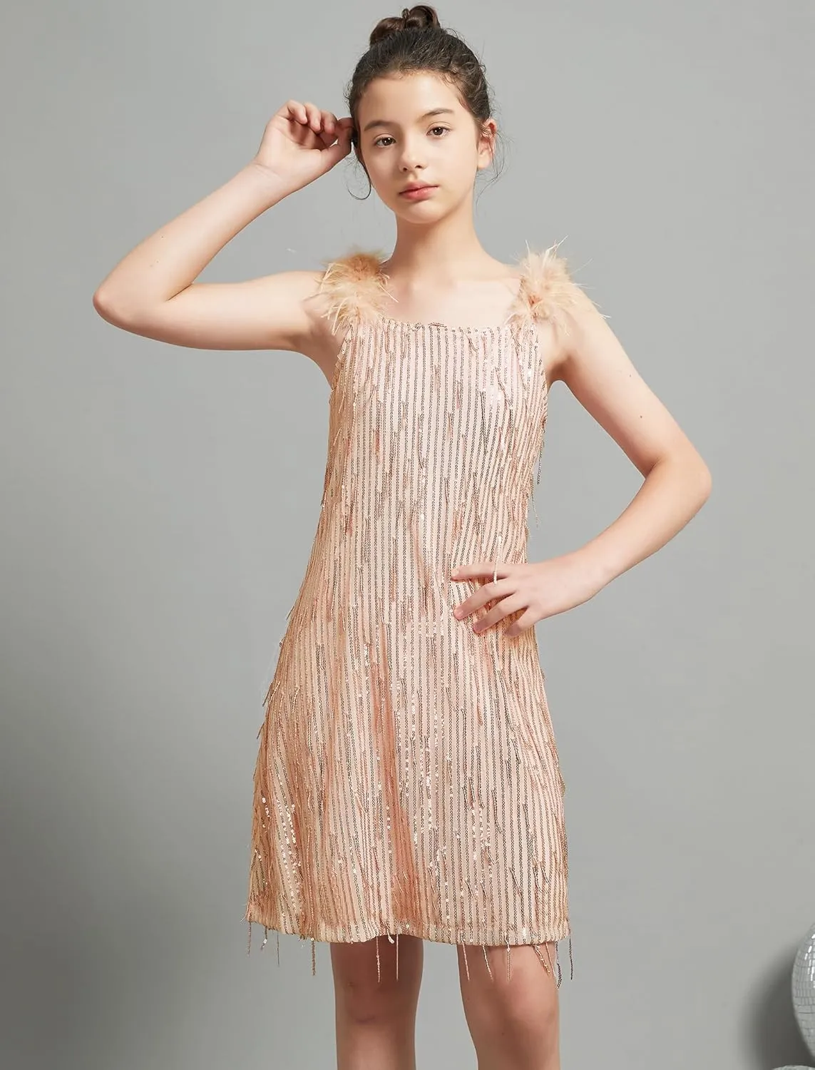 EXARUS Girls Sequin Fringe Dress Sparkling Tassel Sleeveless Bodycon/A-Line Splice Furry Strap Party Special Occasion