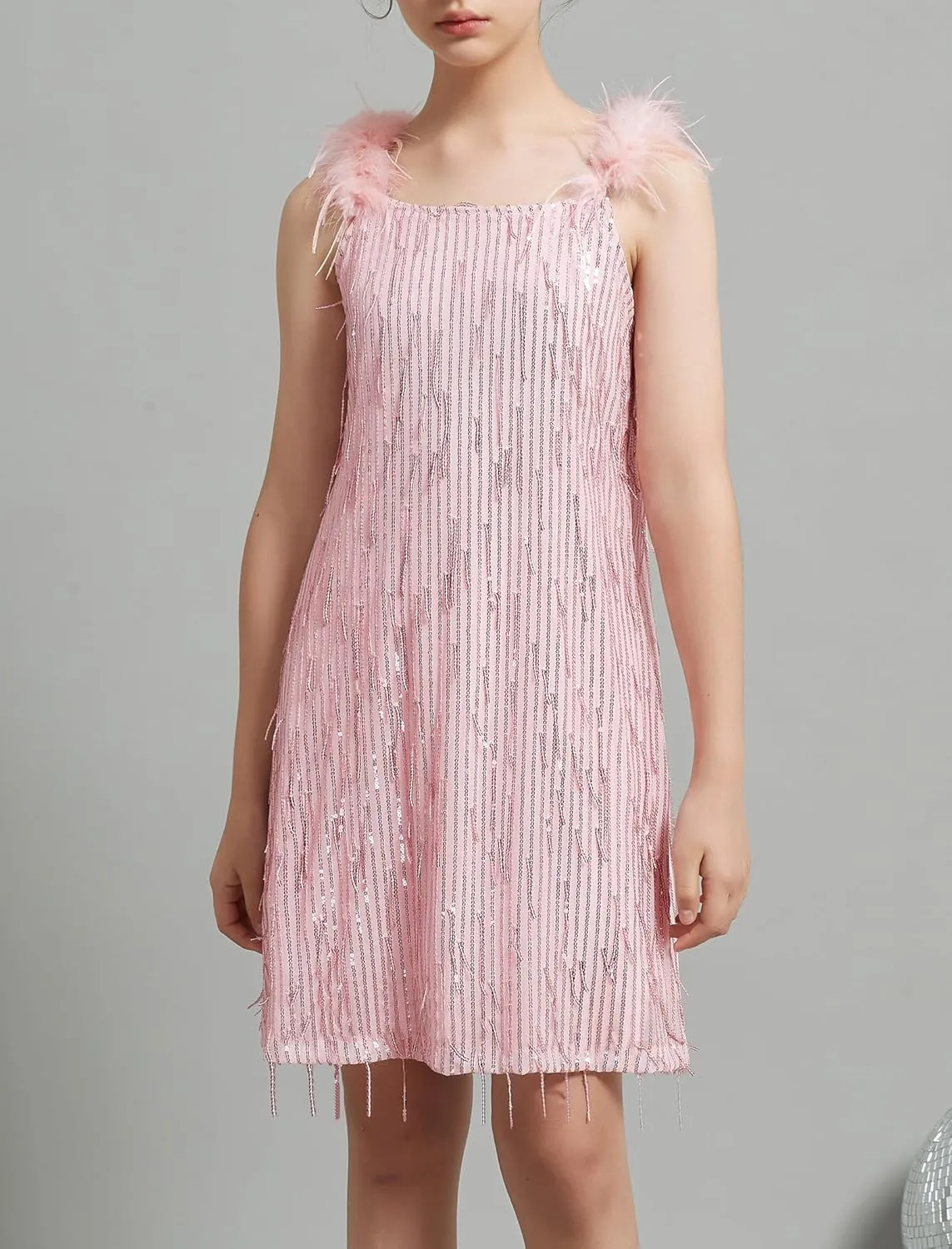 EXARUS Girls Sequin Fringe Dress Sparkling Tassel Sleeveless Bodycon/A-Line Splice Furry Strap Party Special Occasion