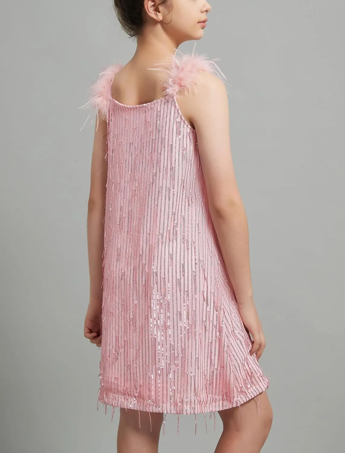 EXARUS Girls Sequin Fringe Dress Sparkling Tassel Sleeveless Bodycon/A-Line Splice Furry Strap Party Special Occasion