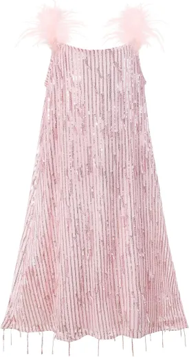 EXARUS Girls Sequin Fringe Dress Sparkling Tassel Sleeveless Bodycon/A-Line Splice Furry Strap Party Special Occasion