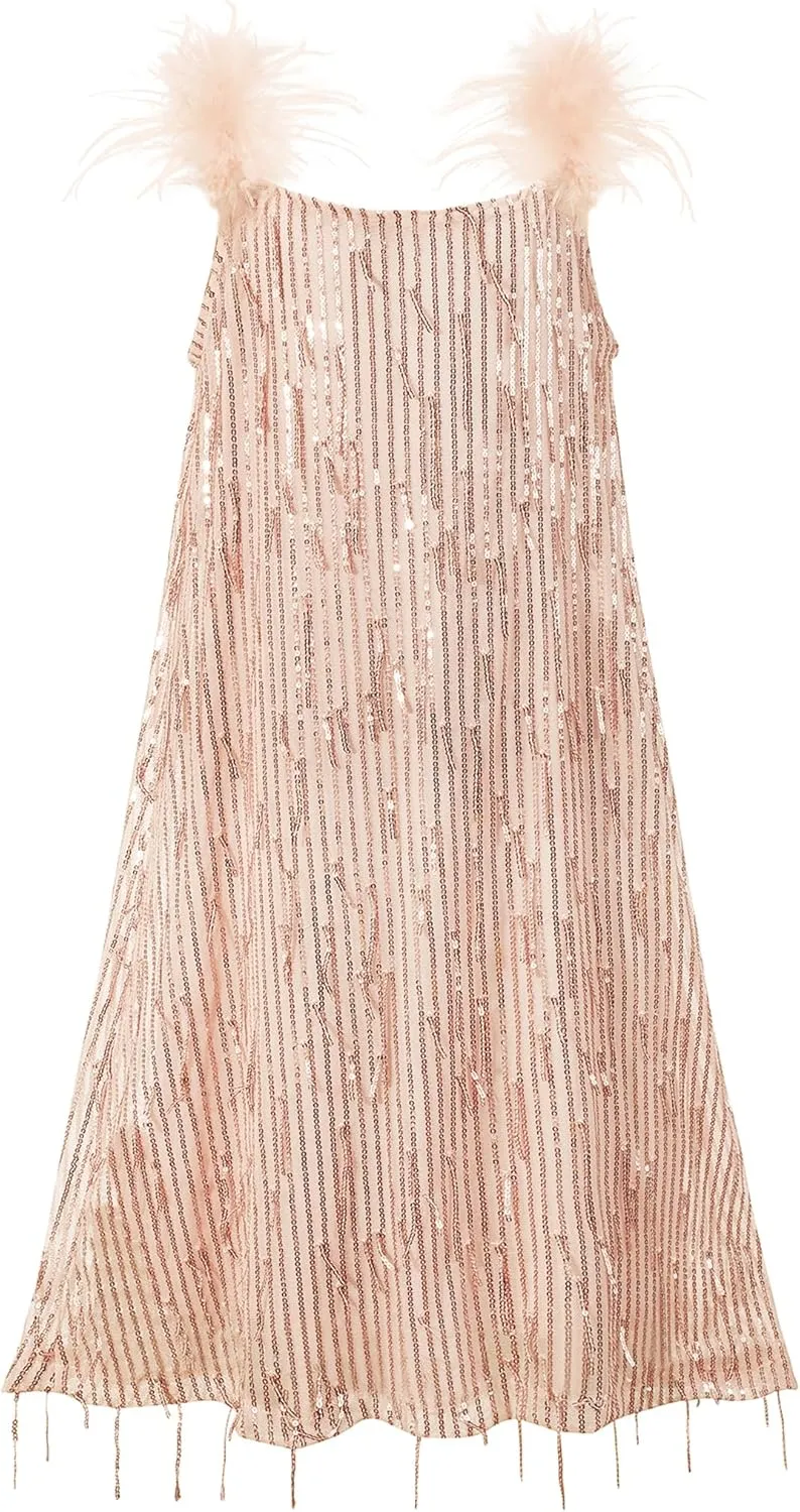 EXARUS Girls Sequin Fringe Dress Sparkling Tassel Sleeveless Bodycon/A-Line Splice Furry Strap Party Special Occasion