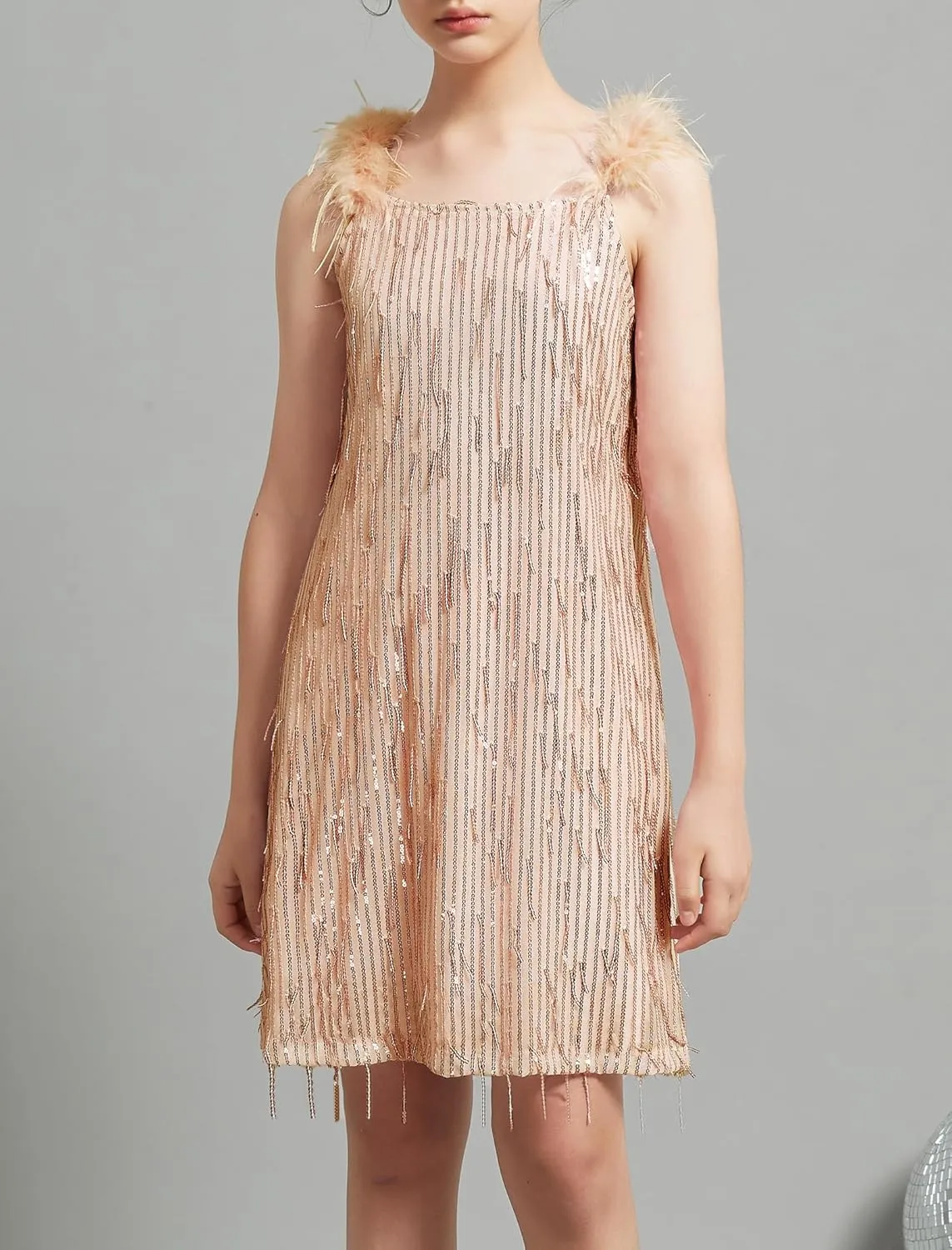 EXARUS Girls Sequin Fringe Dress Sparkling Tassel Sleeveless Bodycon/A-Line Splice Furry Strap Party Special Occasion