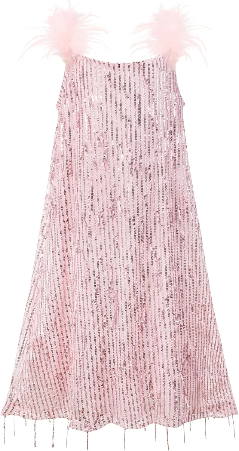 EXARUS Girls Sequin Fringe Dress Sparkling Tassel Sleeveless Bodycon/A-Line Splice Furry Strap Party Special Occasion