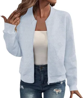 Fleece Jackets for Women Lightweight Full Zip Bomber Jacket Soft Long Sleeve Zip Up Hoodies Crew Neck Sweatshirt