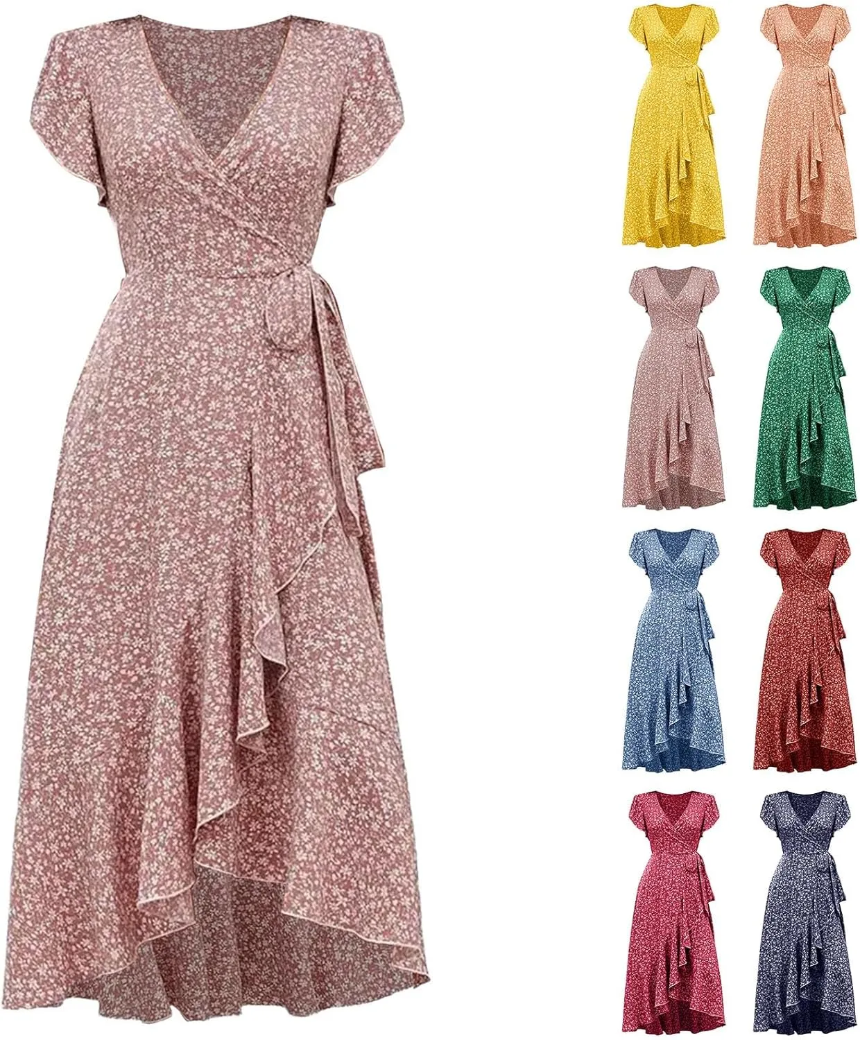 Floral Dress for Women Summer Casual Trendy Vacation Boho Dress V Neck wrap Waist Belted Ruffle Flowy Maxi Dresses