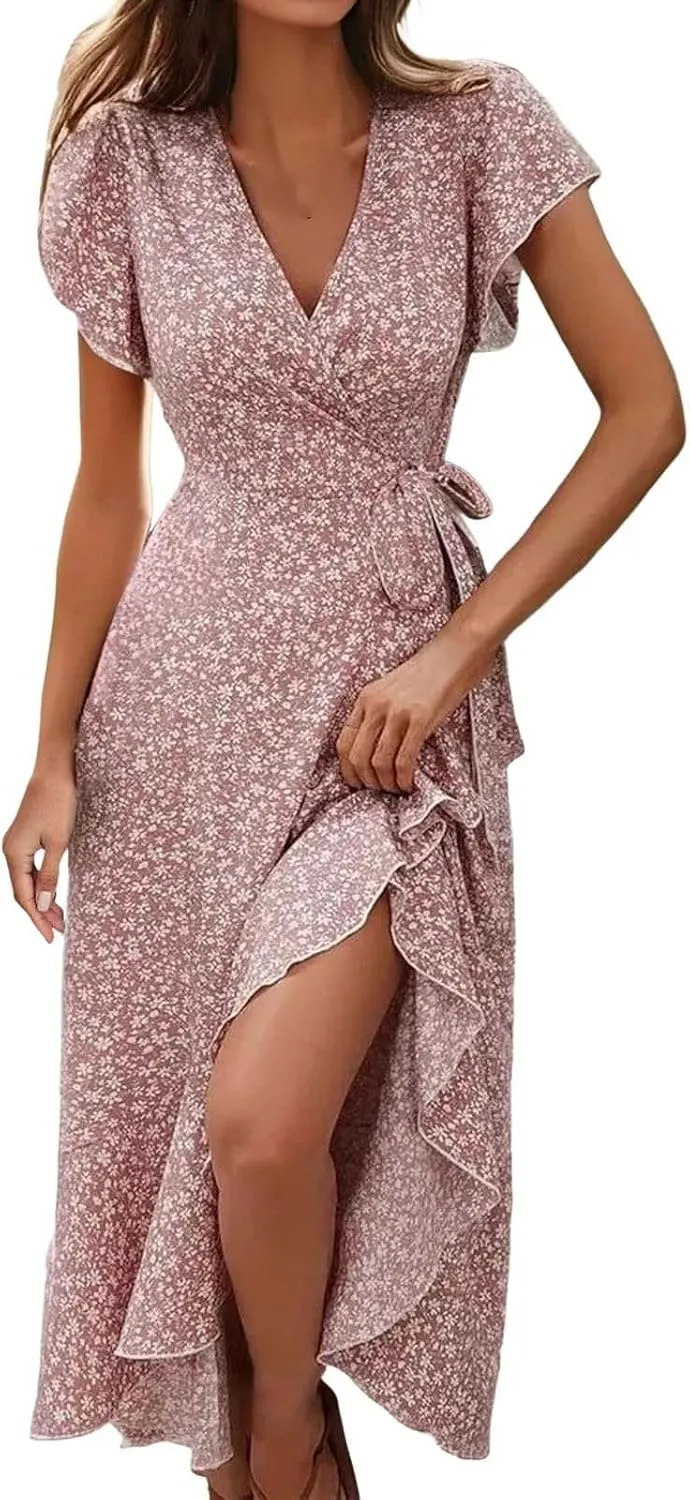 Floral Dress for Women Summer Casual Trendy Vacation Boho Dress V Neck wrap Waist Belted Ruffle Flowy Maxi Dresses