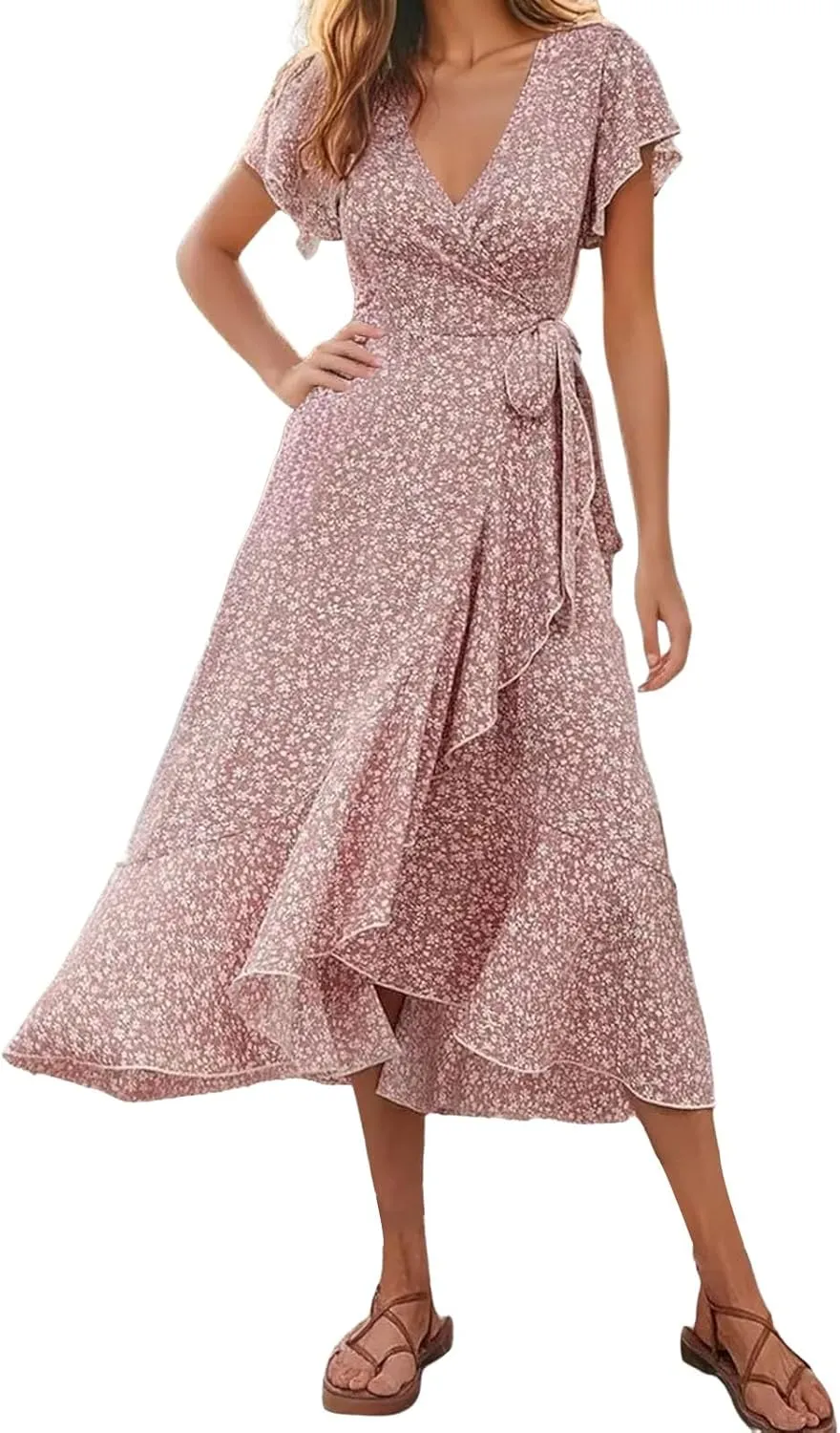 Floral Dress for Women Summer Casual Trendy Vacation Boho Dress V Neck wrap Waist Belted Ruffle Flowy Maxi Dresses