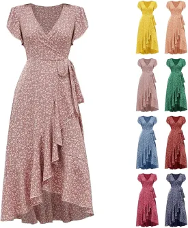 Floral Dress for Women Summer Casual Trendy Vacation Boho Dress V Neck wrap Waist Belted Ruffle Flowy Maxi Dresses