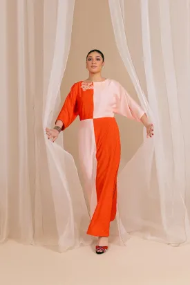 Fozia Khalid - Coral Bloom - Kaftan - Rawsilk - Coral & Pink - 1 Piece