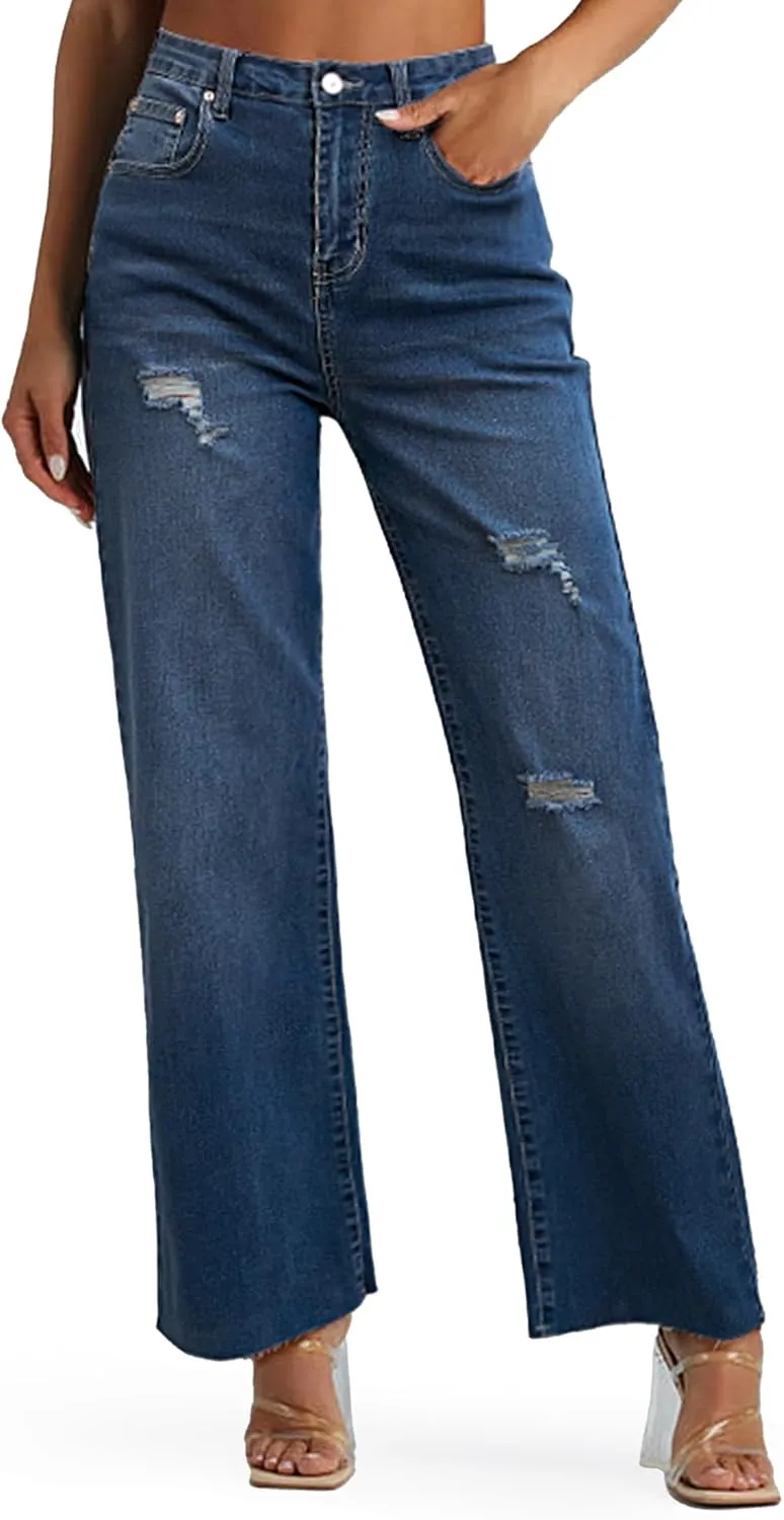 Genleck Women's Wide Leg Jeans - Casual High Waisted Stretchy Jeans Straight Leg Denim Pants with Pockets
