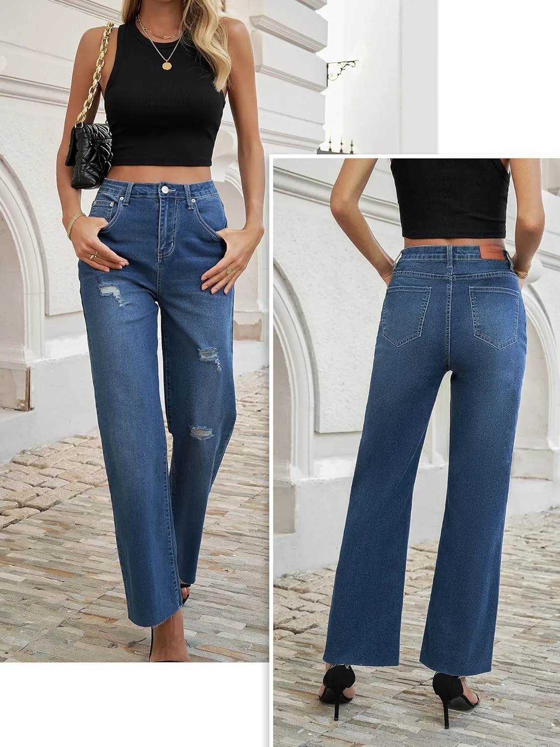 Genleck Women's Wide Leg Jeans - Casual High Waisted Stretchy Jeans Straight Leg Denim Pants with Pockets