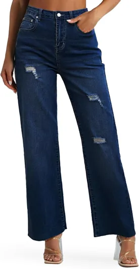 Genleck Women's Wide Leg Jeans - Casual High Waisted Stretchy Jeans Straight Leg Denim Pants with Pockets